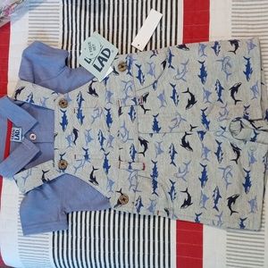 Little Lad 2 Pc Cotton Blend Shark Print Blue/Gray Shortall Set 12 months